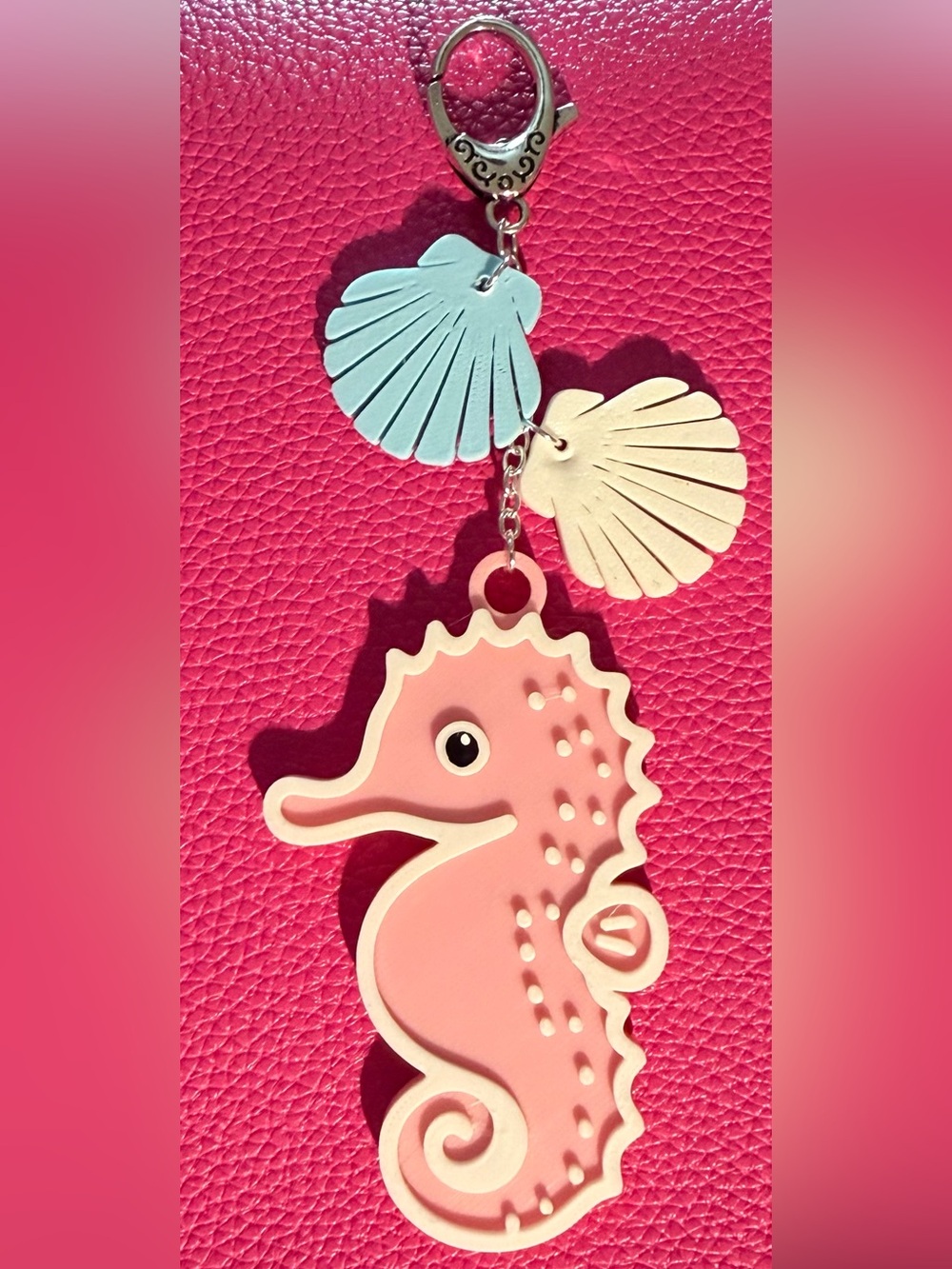 Hand Crafted Pink Seahorse Bag Charm with Blue and White Shells